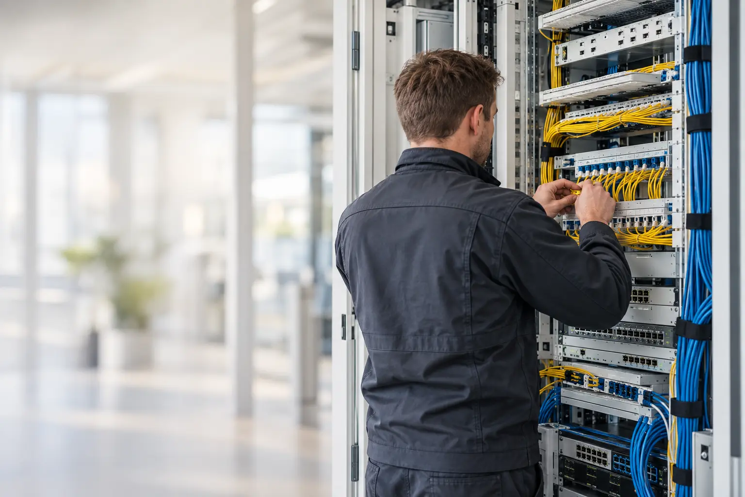Techniker an einer strukturierten Netzwerkinfrastruktur – illustrative Darstellung