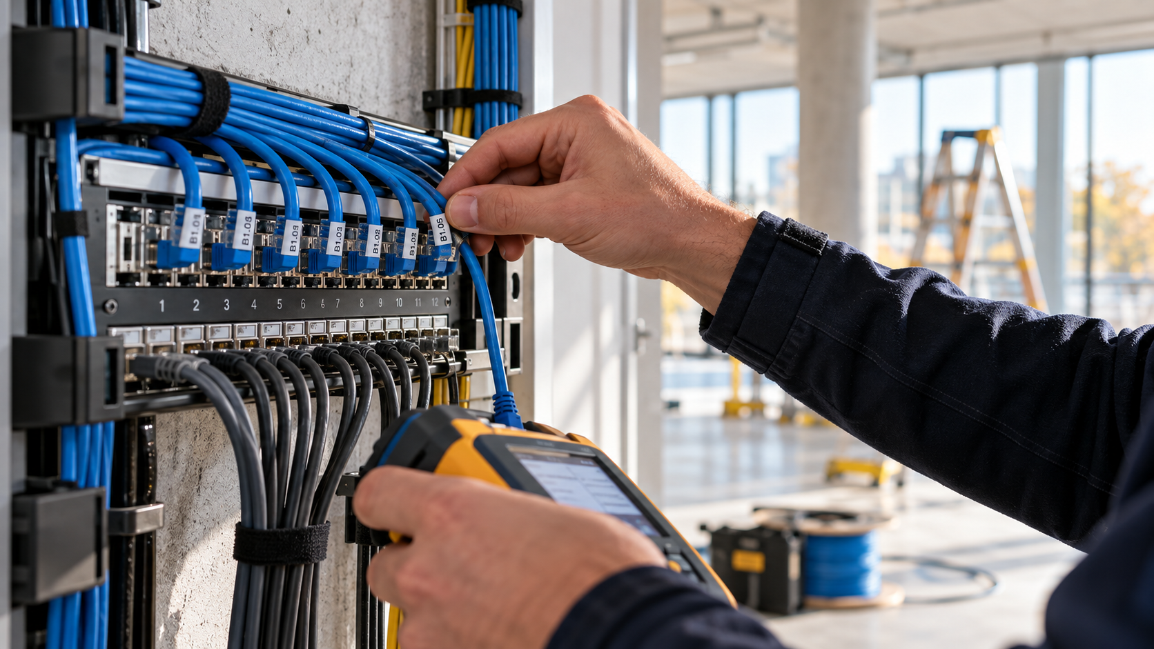 Techniker beschriftet und prüft Netzwerkanschlüsse am Patchpanel – illustrative Darstellung